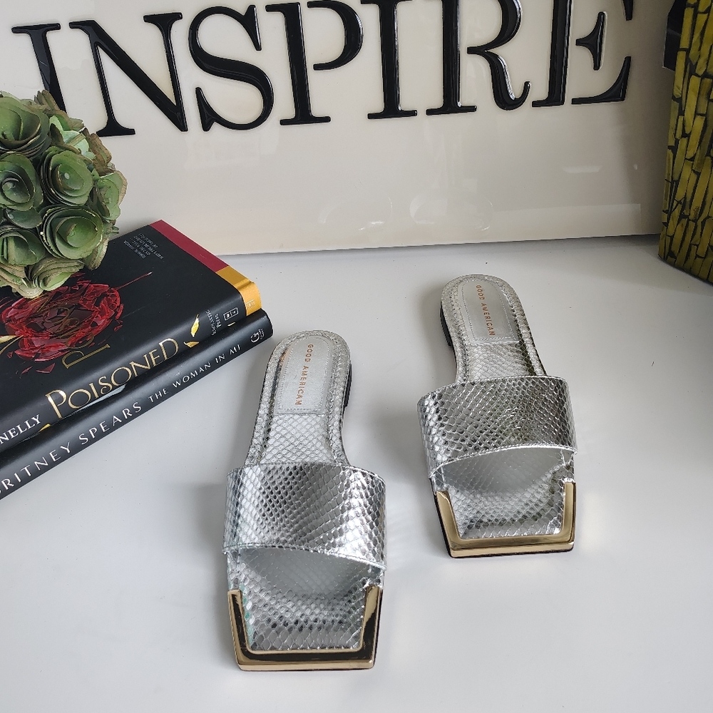 Good American Standout Slide Sandal | Silver Snake | Size 7.5 | NIB